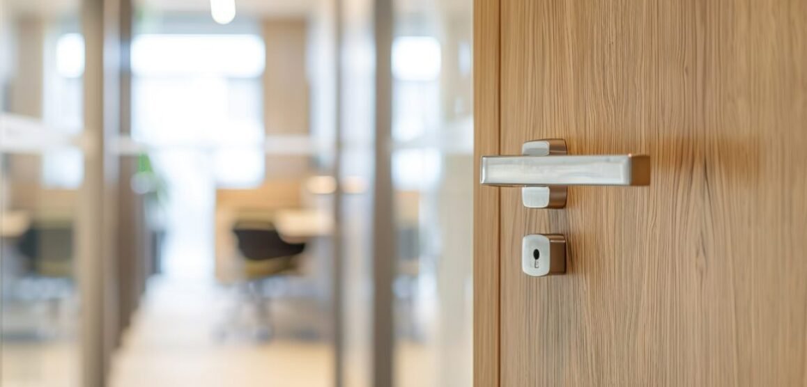 Doorknob. Metal door handle lock and latch of brass on veneer doors. Door wooden half opening through interior bedroom background, selective focus. Modern trends in interior design. Close-up.
